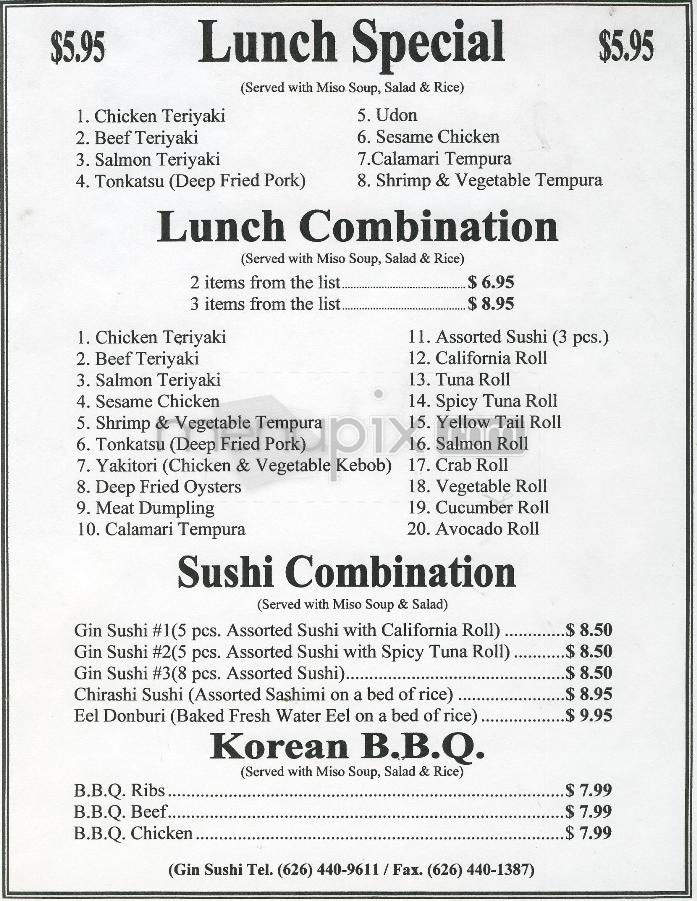 Gin Sushi - Pasadena, CA menu_pic