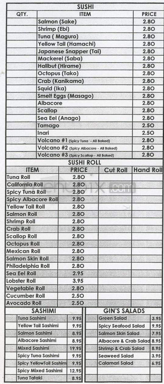 Gin Sushi - Pasadena, CA menu_pic