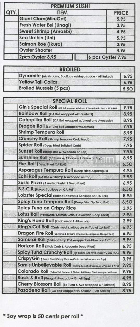 Gin Sushi - Pasadena, CA menu_pic