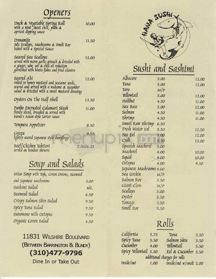 Hana Sushi - Los Angeles, CA menu_pic