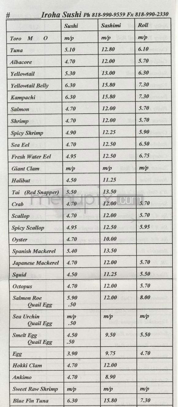 Iroha Sushi - Studio City, CA menu_pic