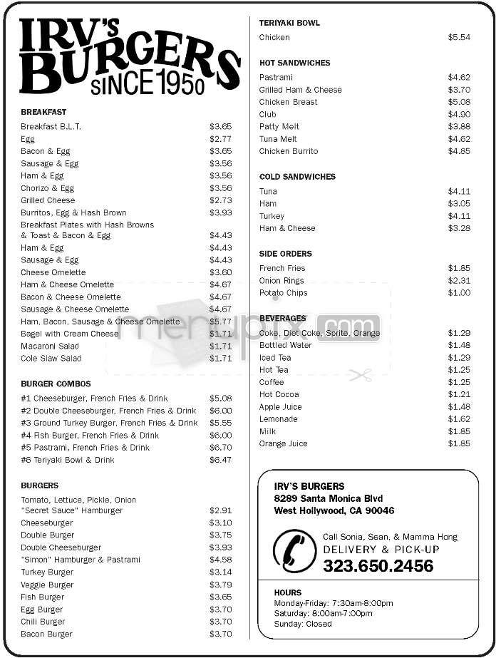 Irv's Burgers - West Hollywood, CA menu_pic