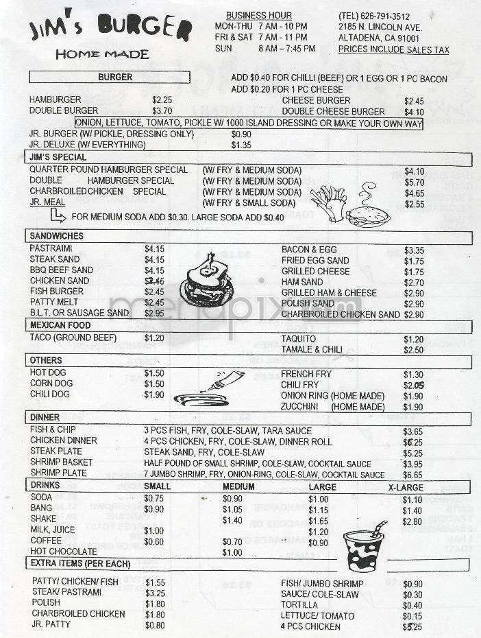 Jim's Burger - Pasadena, CA menu_pic