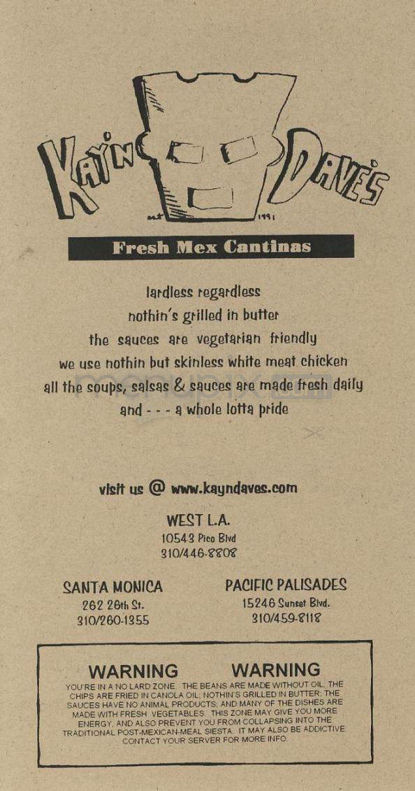 Kay & Dave's - Pacific Palisades, CA menu_pic