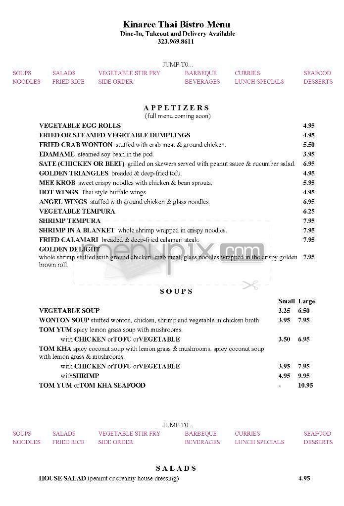Kinaree Thai Bistro - Los Angeles, CA menu_pic