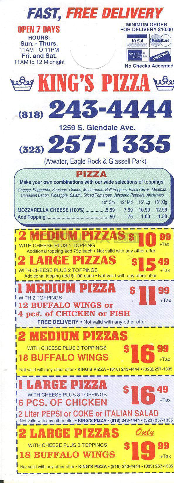 Kings Pizza - Glendale, CA menu_pic