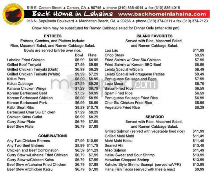 Back Home In Lahaina - Manhattan Beach, CA menu_pic