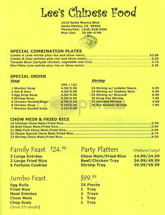 Menu of Lee's Chinese Fast Food in Santa Monica, CA 90404