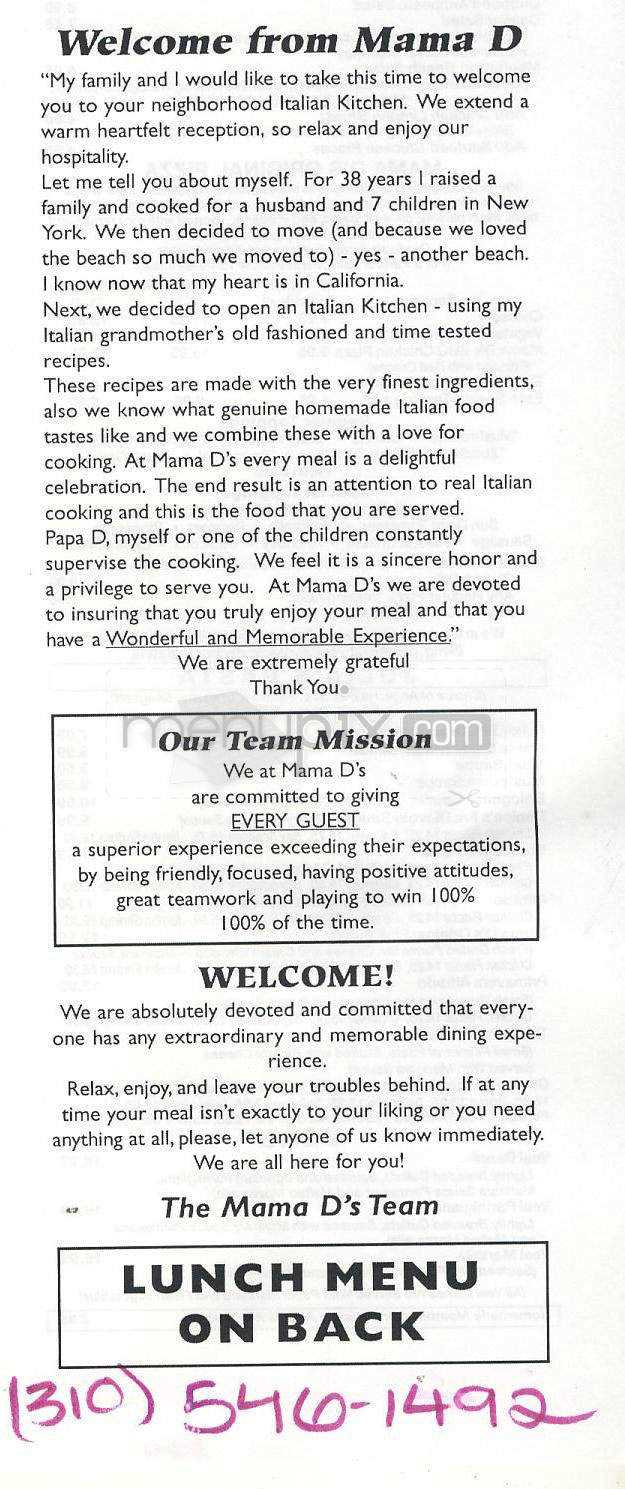 Mama D's Italian - Manhattan Beach, CA menu_pic