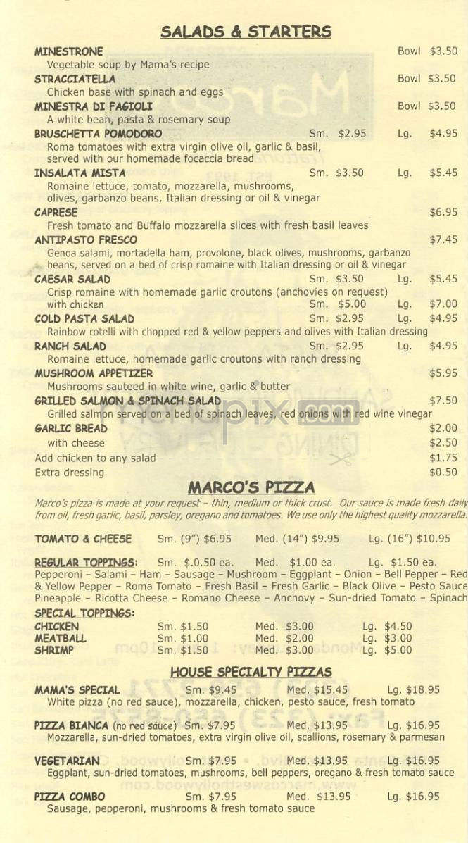 Marco's Trattoria - West Hollywood, CA menu_pic
