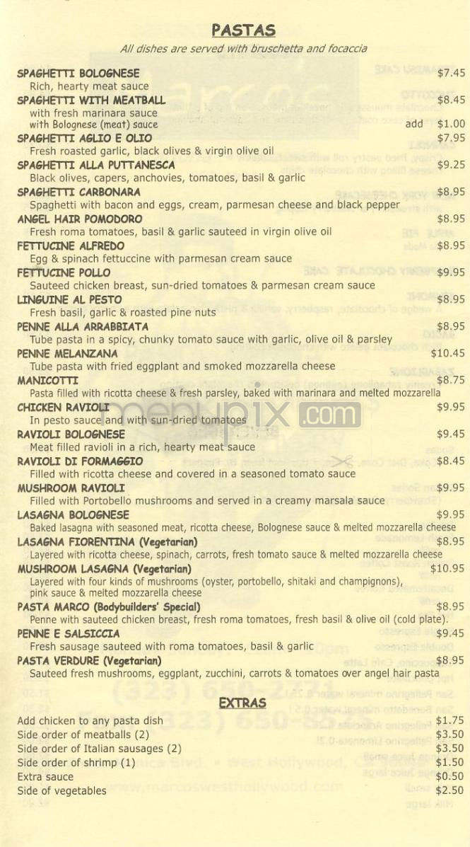 Marco's Trattoria - West Hollywood, CA menu_pic