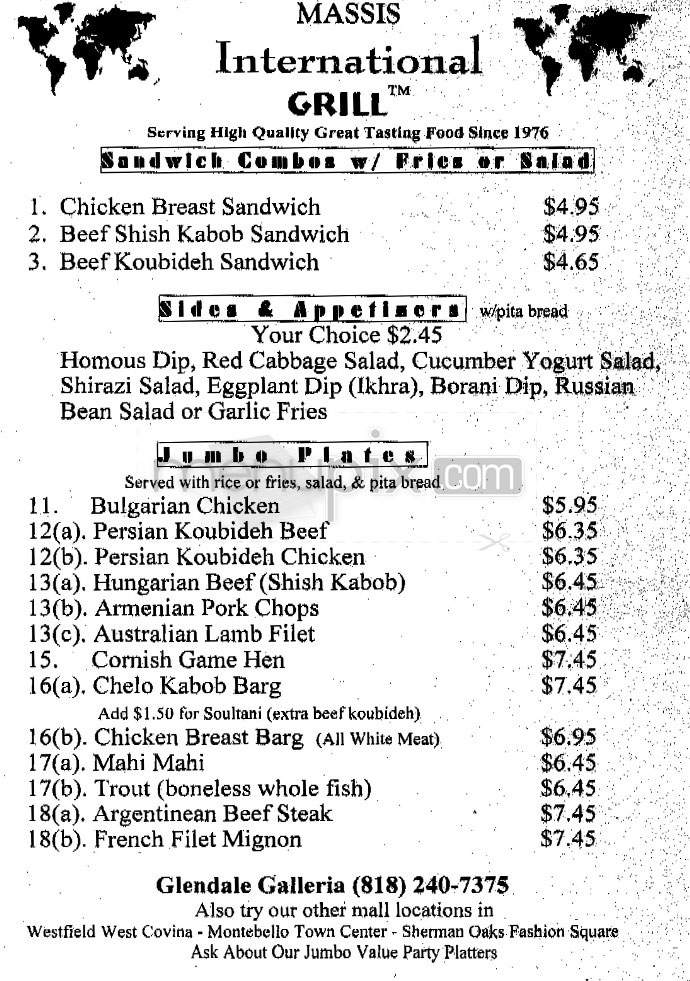 Massis International Grill - Glendale, CA menu_pic