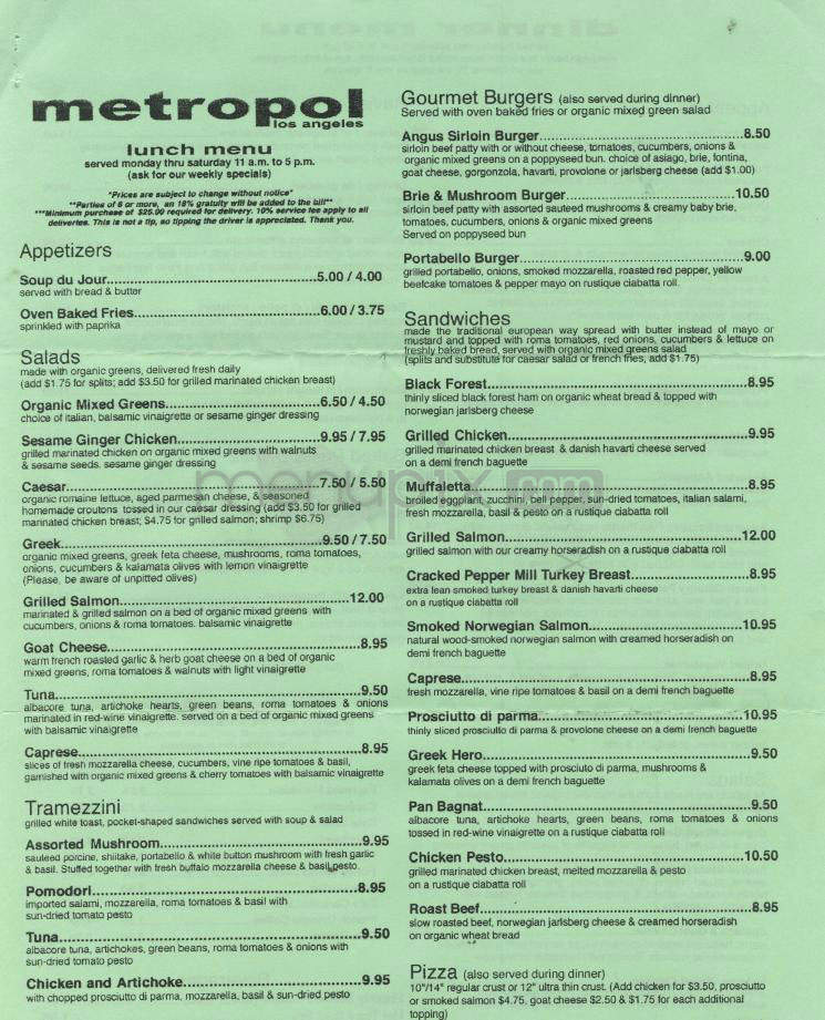 Cafe Metropol - Los Angeles, CA menu_pic