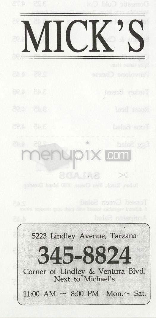 Mick's Sub Shop - Tarzana, CA menu_pic