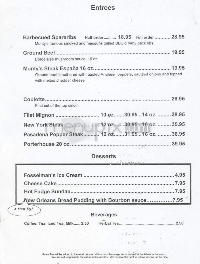 Monty's Steak House - Pasadena, CA menu_pic