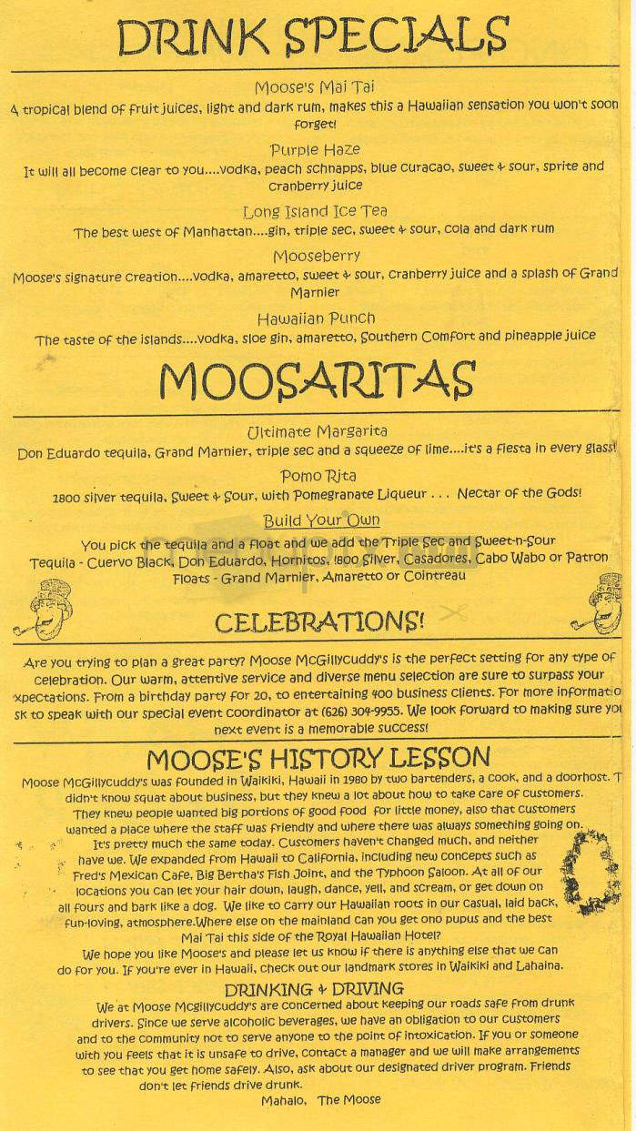 Moose McGillycuddy's - Pasadena, CA menu_pic
