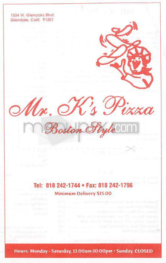 Mr. K's Pizza - Glendale, CA menu_pic