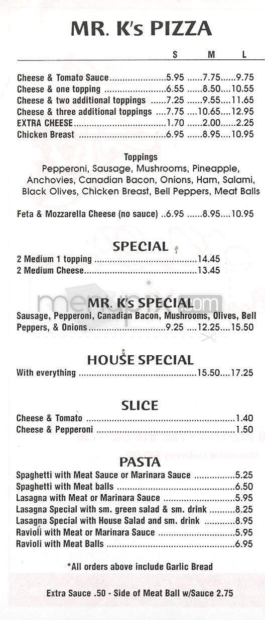 Mr. K's Pizza - Glendale, CA menu_pic