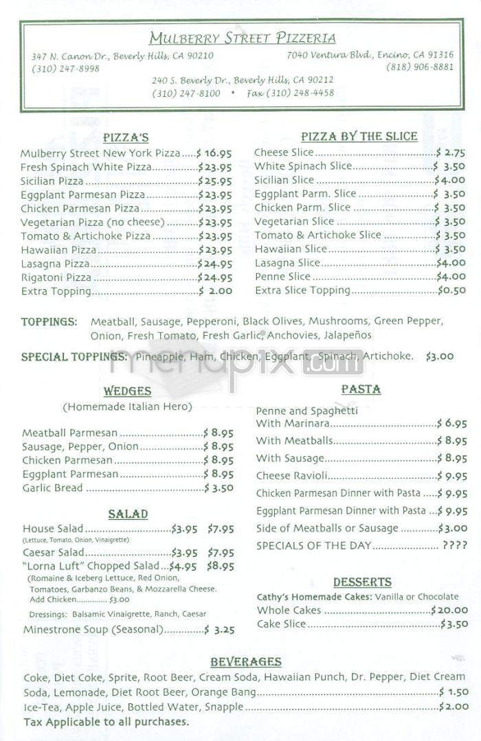 Mulberry Street Pizzeria - Beverly Hills, CA menu_pic