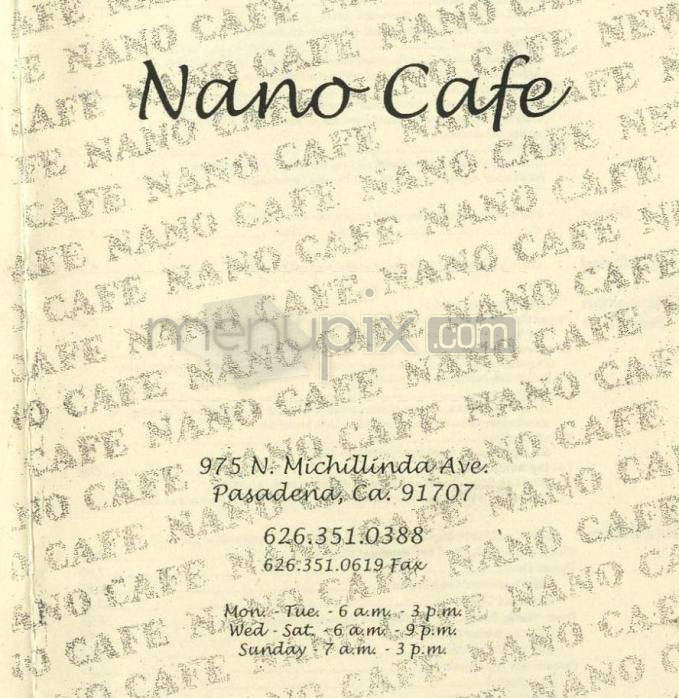 Nano Cafe Inn - Pasadena, CA menu_pic