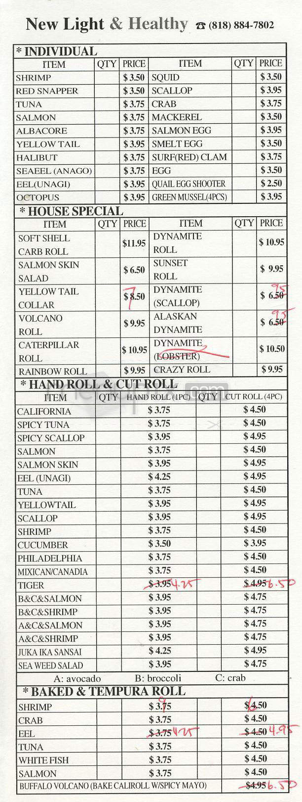 New Light & Healthy Sushi Bar - Woodland Hills, CA menu_pic