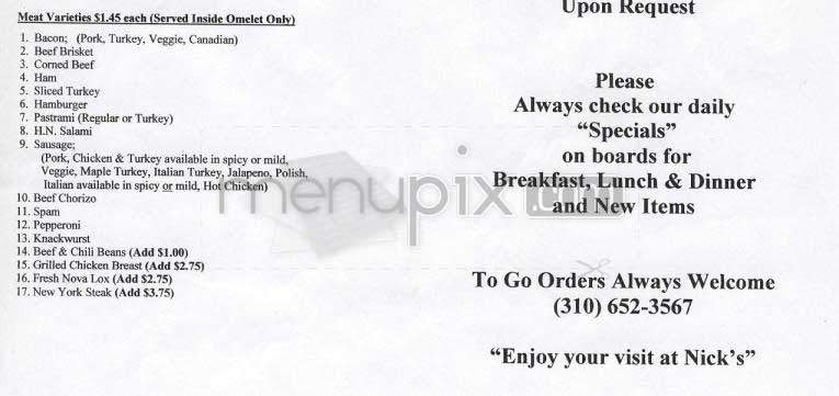 Nick's Coffee Shop - Los Angeles, CA menu_pic