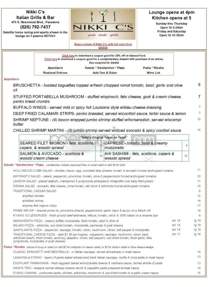 Nikki C's Restaurant & Bar - Pasadena, CA menu_pic