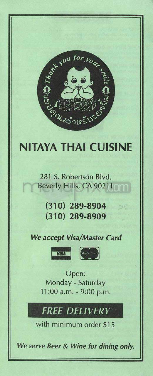 Nitaya Thai Cuisine - Beverly Hills, CA menu_pic