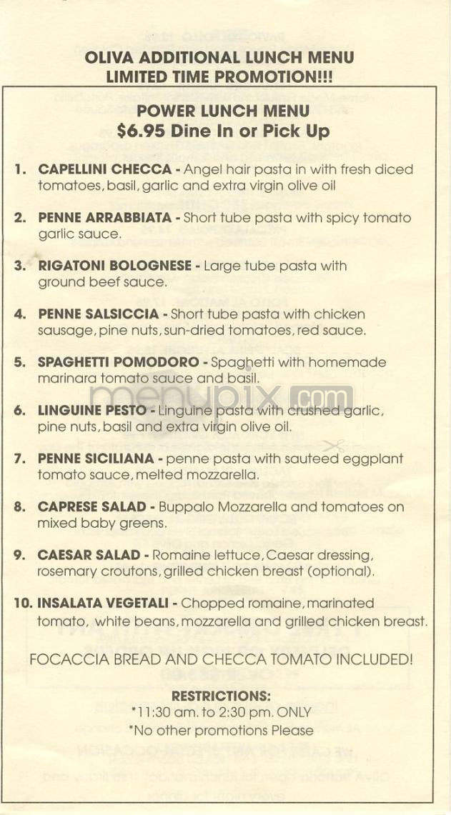 Oliva Trattoria - Sherman Oaks, CA menu_pic