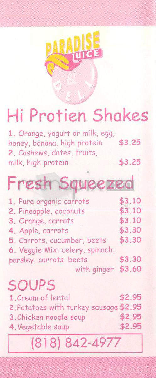 Paradise Juice & Deli - Burbank, CA menu_pic