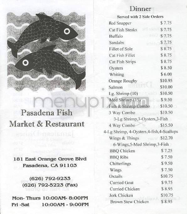 Menu of Pasadena Fish Market & Restaurant in Pasadena, CA