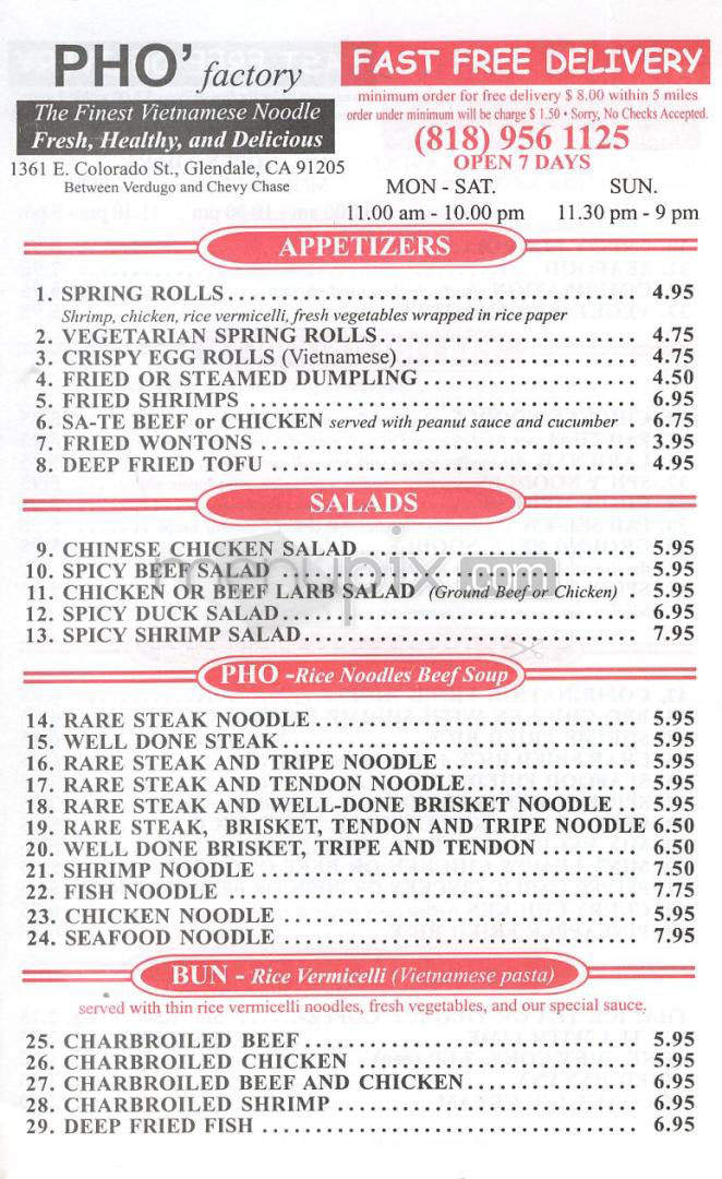 Pho Factory - Glendale, CA menu_pic