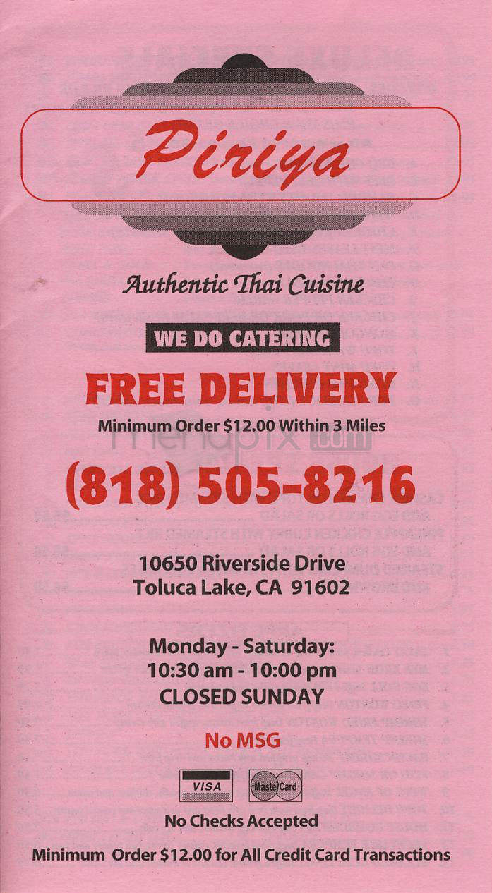 Piriya Thai Cuisine - Toluca Lake, CA menu_pic