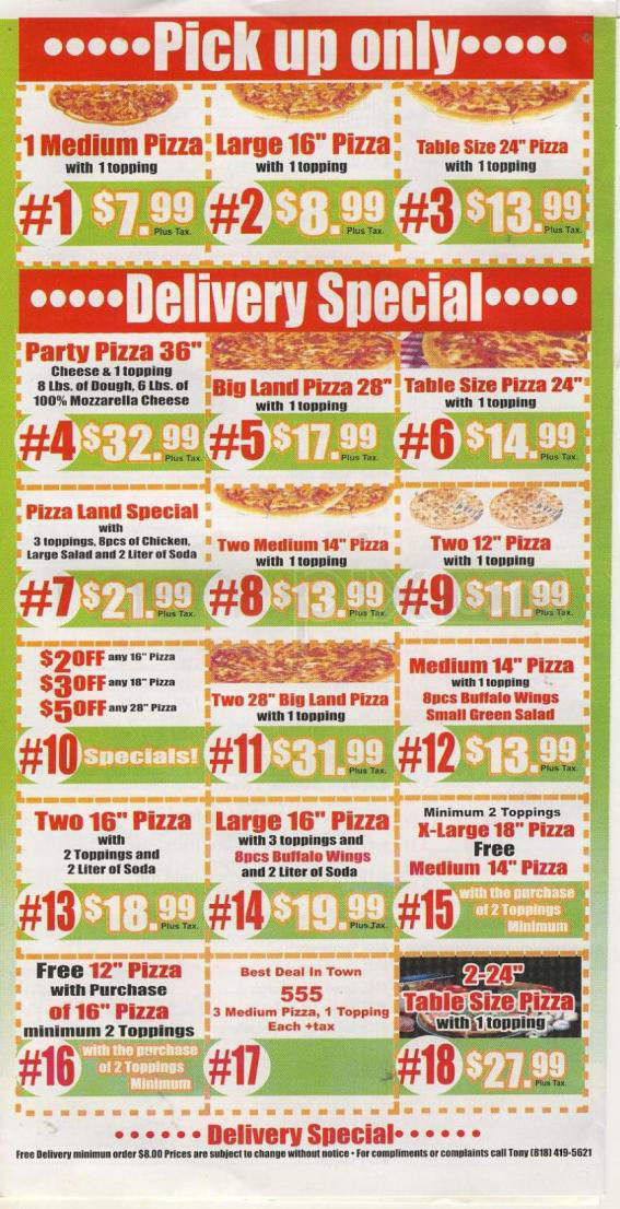 Pizza Land - Valley Village, CA menu_pic