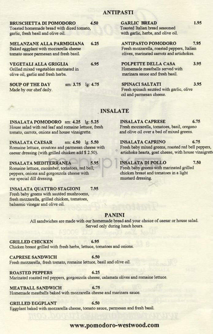 Pomodoro Restaurante - Los Angeles, CA menu_pic