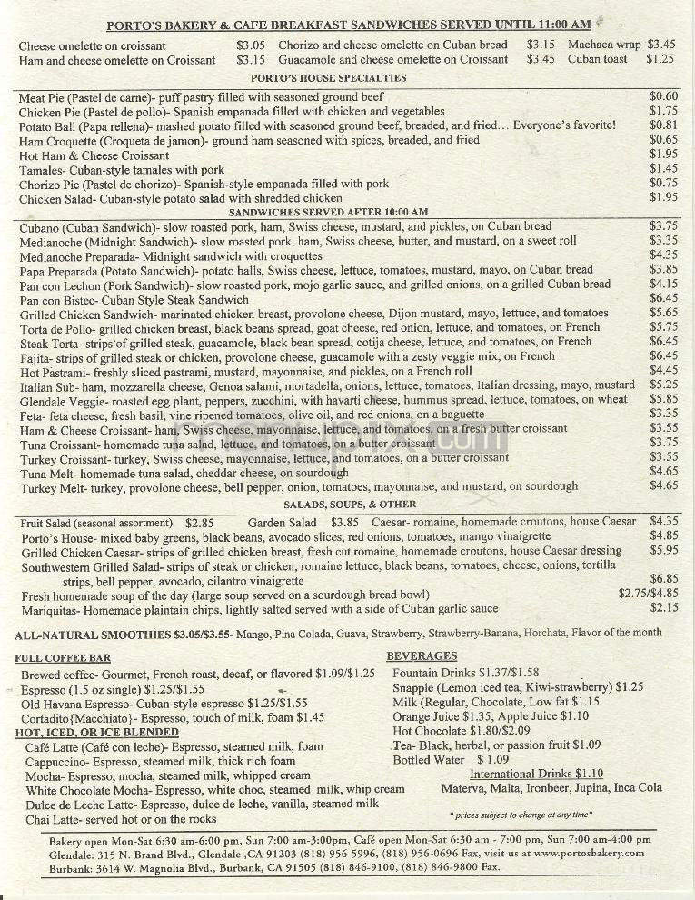 Porto's Bakery & Cafe - Glendale, CA menu_pic