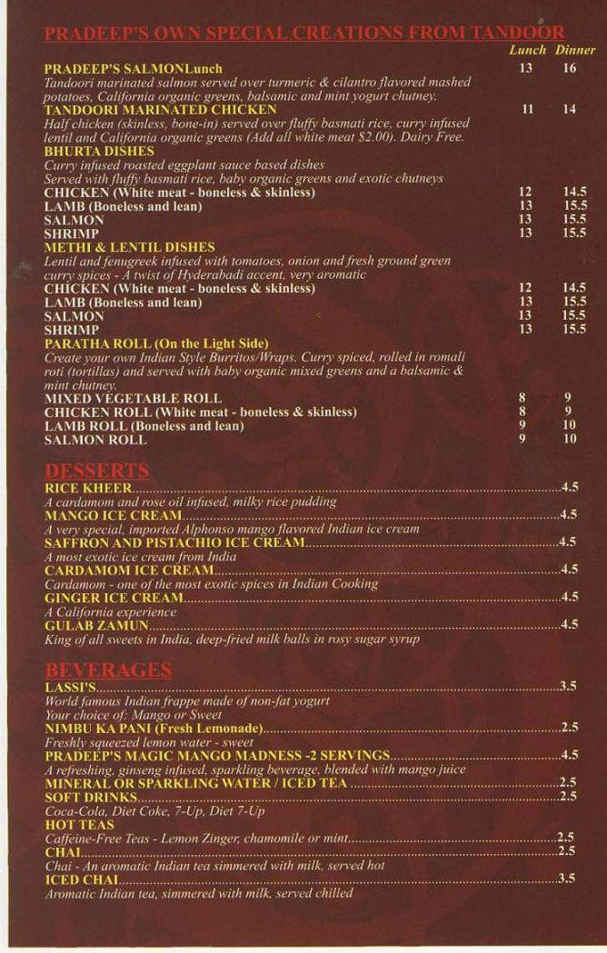 Pradeeps - Santa Monica, CA menu_pic