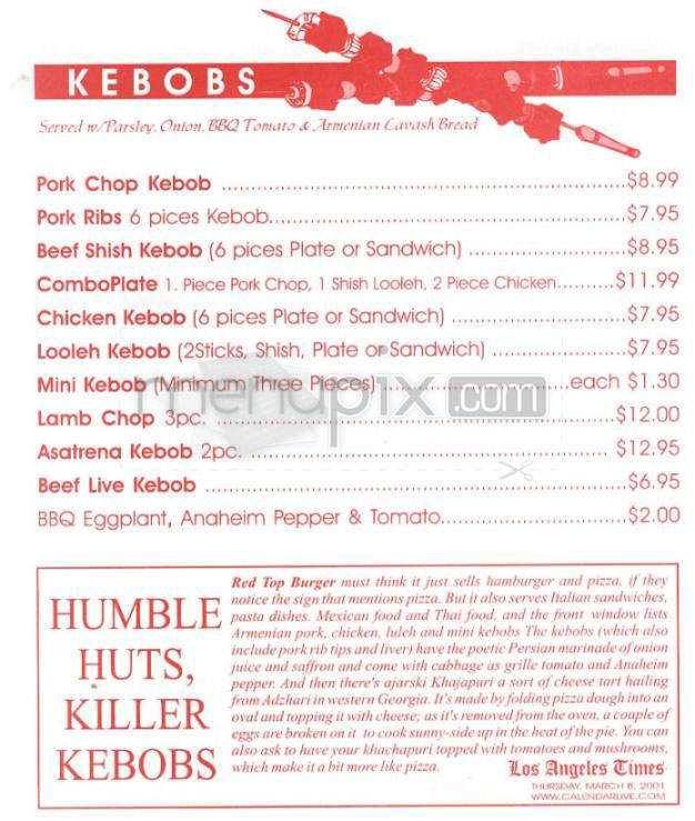 Red Top Burger - Glendale, CA menu_pic