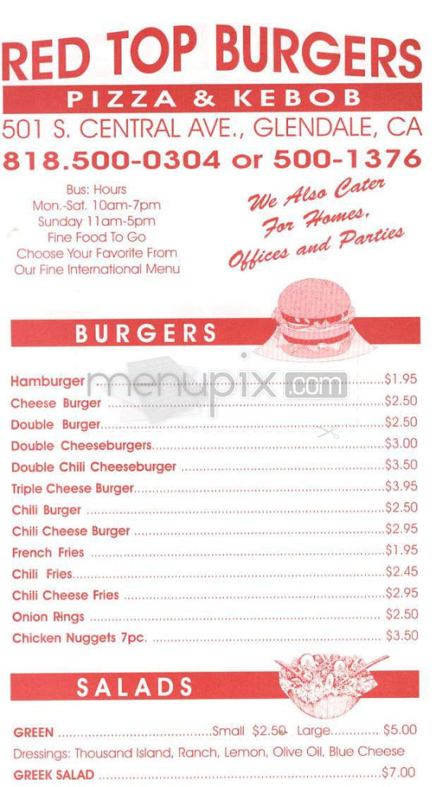 Red Top Burger - Glendale, CA menu_pic