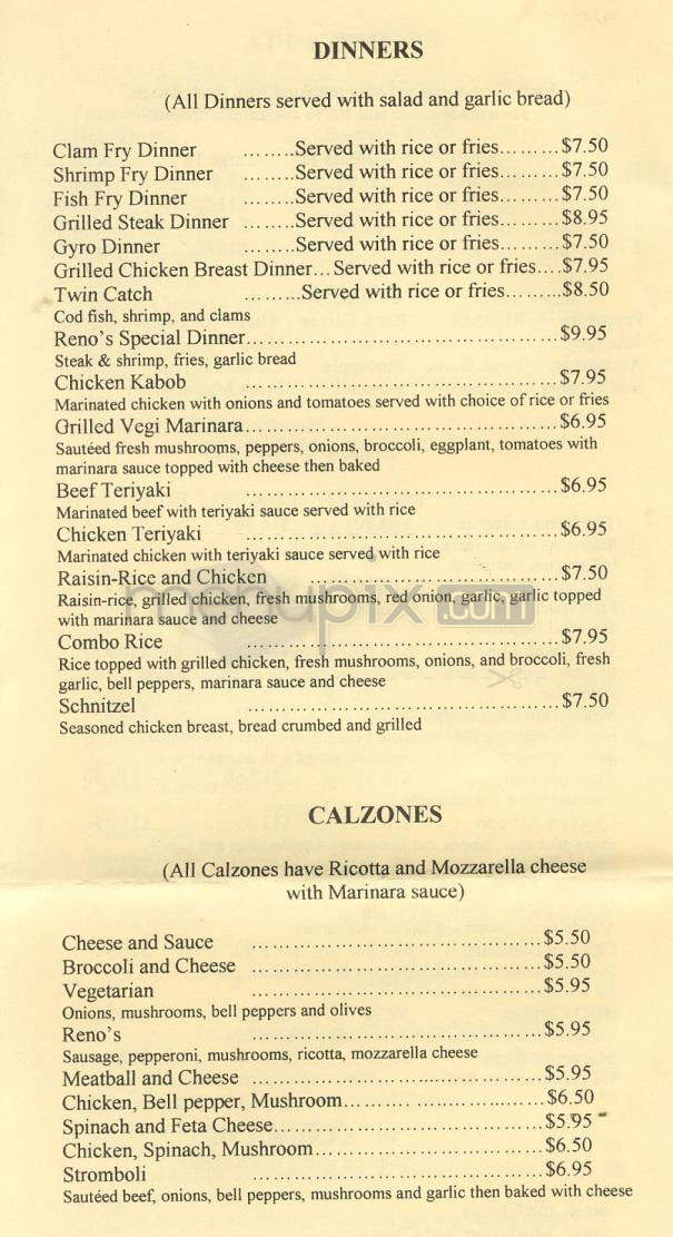 Reno's Pizzeria & Restaurant - Studio City, CA menu_pic