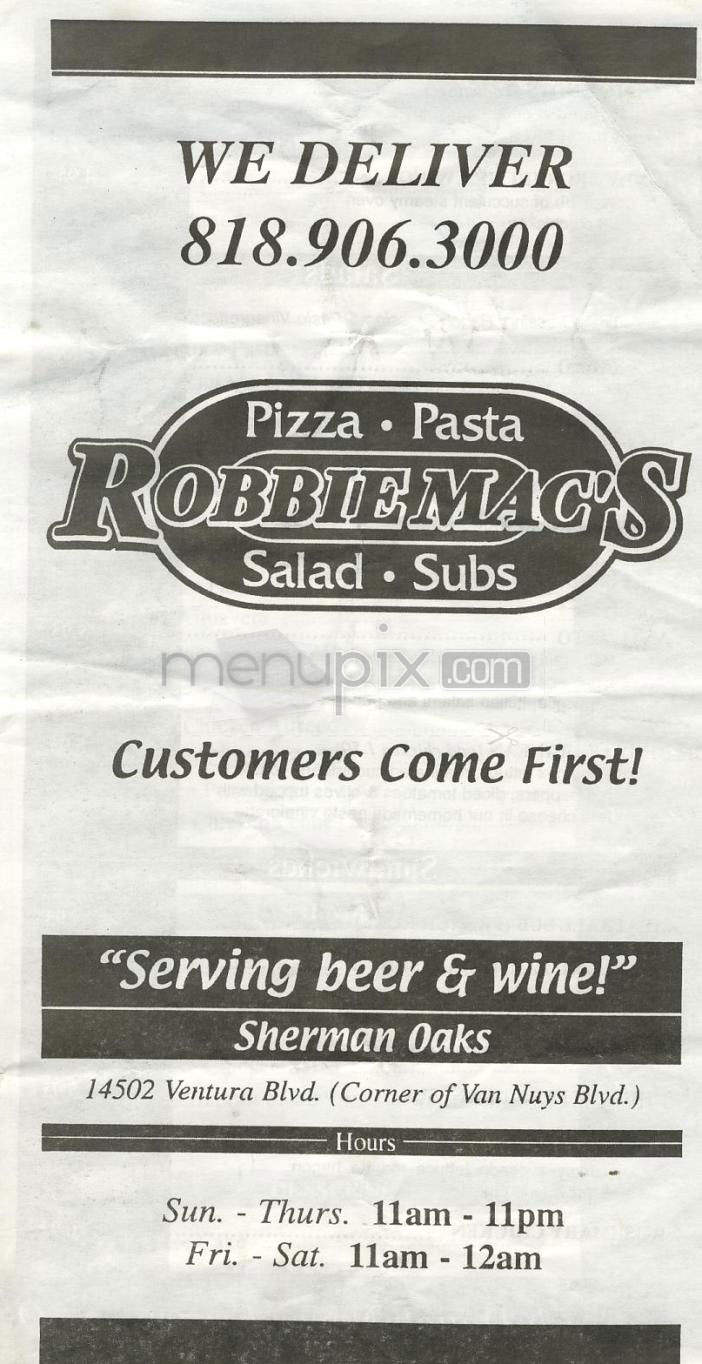 Robbie Mac's Pizza - Sherman Oaks, CA menu_pic