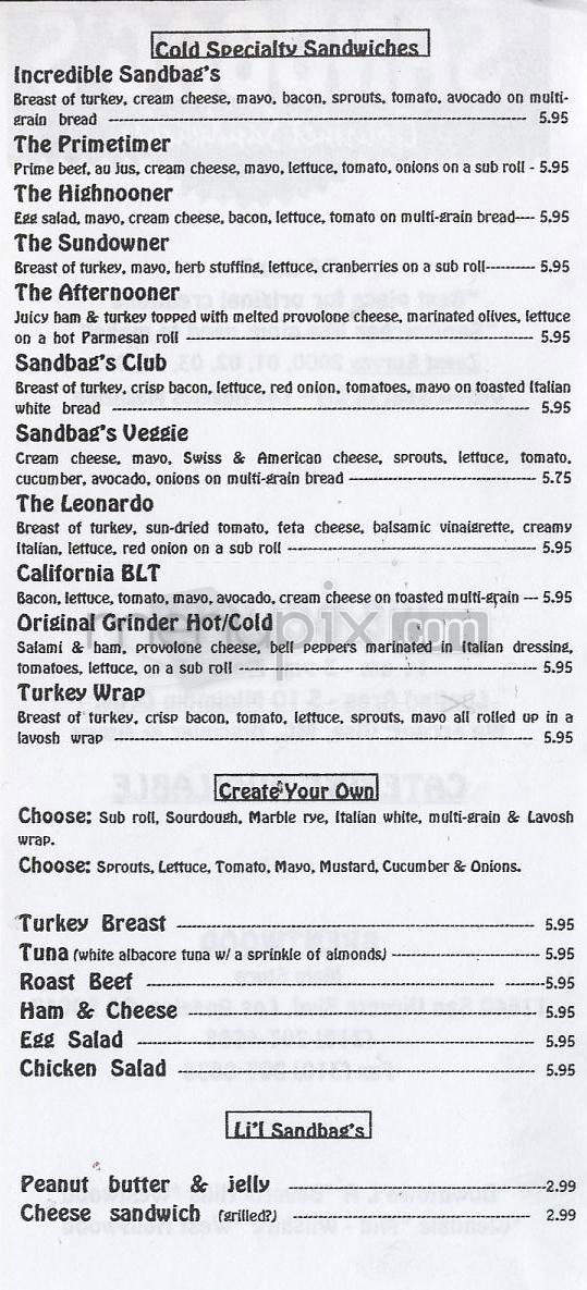 Sandbag's Gourmet Sandwiches - Glendale, CA menu_pic