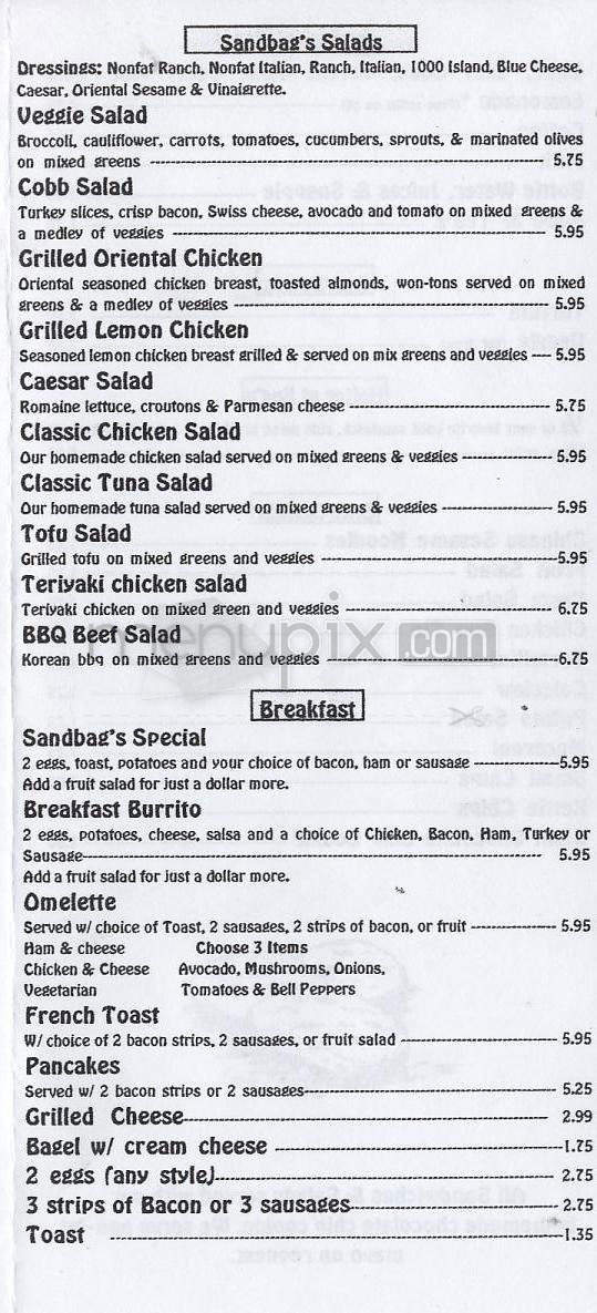 Sandbag's Gourmet Sandwiches - Glendale, CA menu_pic