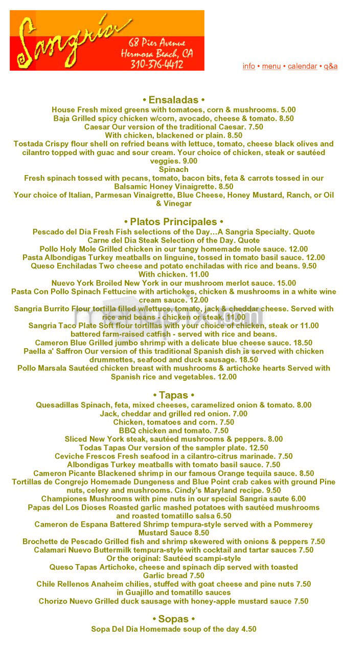 Sangria - Hermosa Beach, CA menu_pic