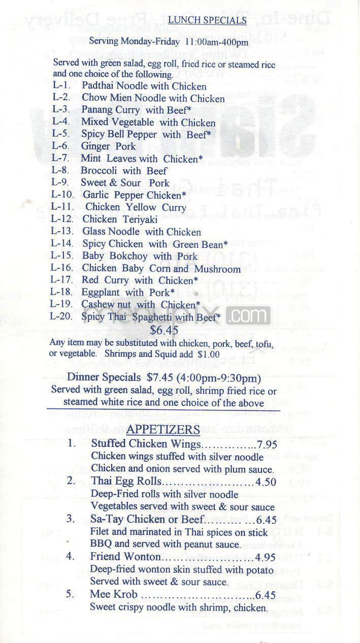 Siam Bay Thai Cuisine - El Segundo, CA menu_pic