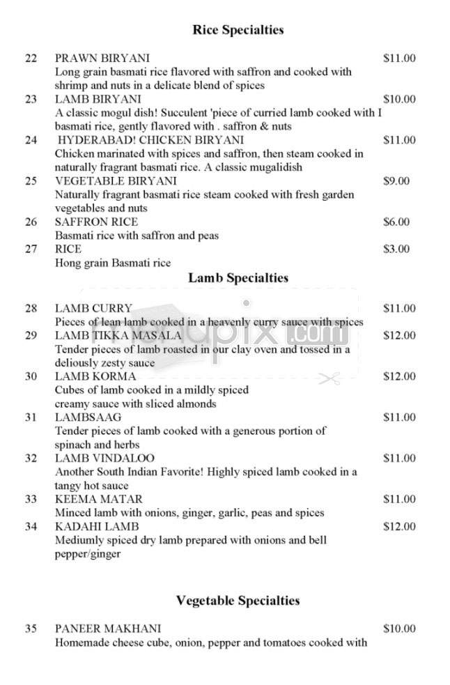 Sitar Exotic Indian Cuisine - Pasadena, CA menu_pic