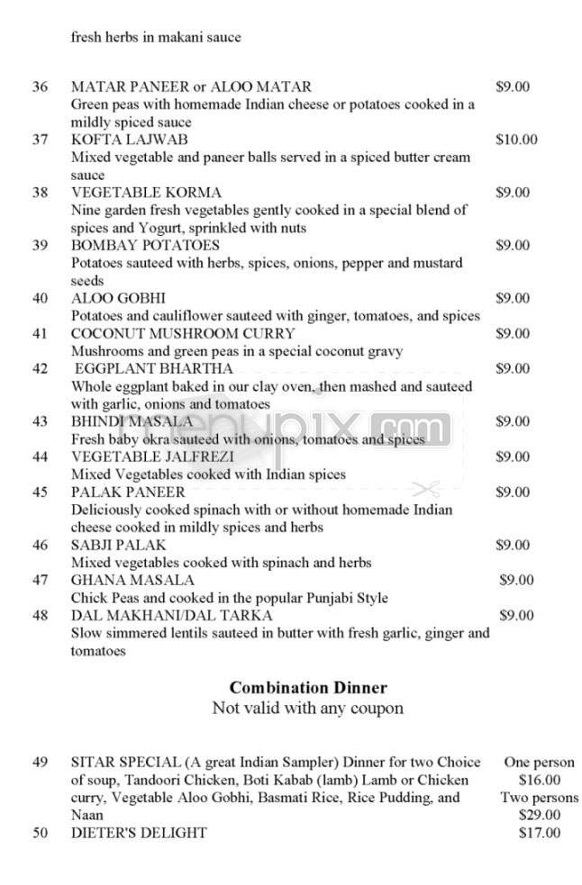 Sitar Exotic Indian Cuisine - Pasadena, CA menu_pic