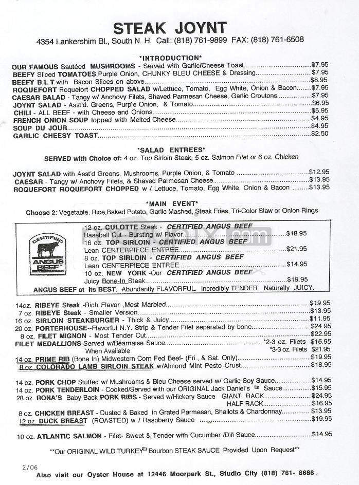 Steak Joynt - Toluca Lake, CA menu_pic