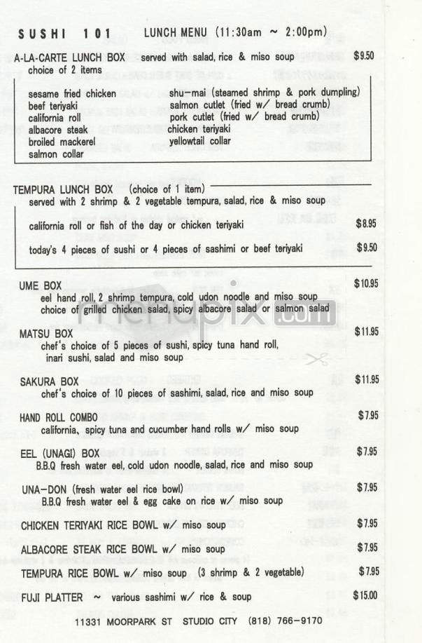 Sushi 101 - Studio City, CA menu_pic