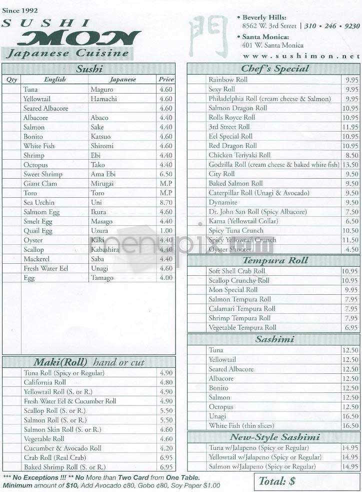 Sushi Mon - Los Angeles, CA menu_pic